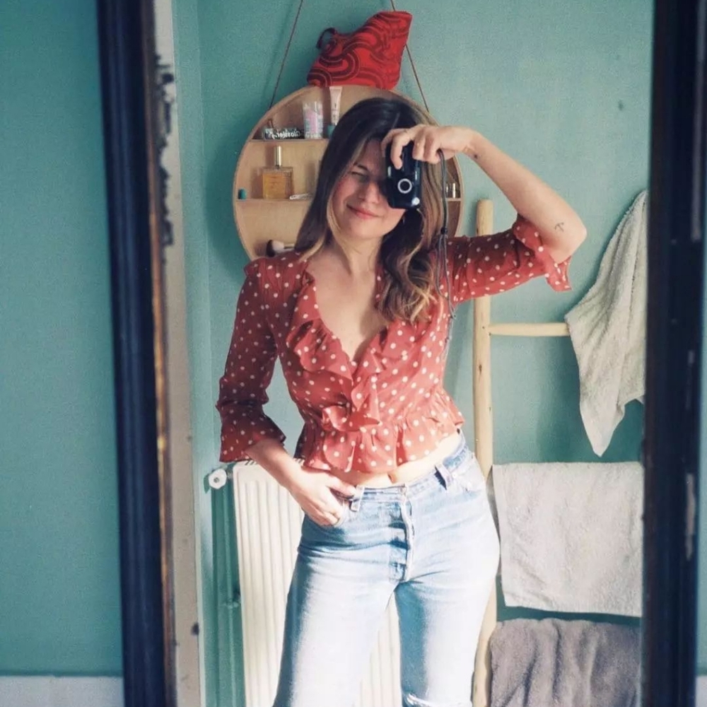 French style red polka dot ruffle wrap top